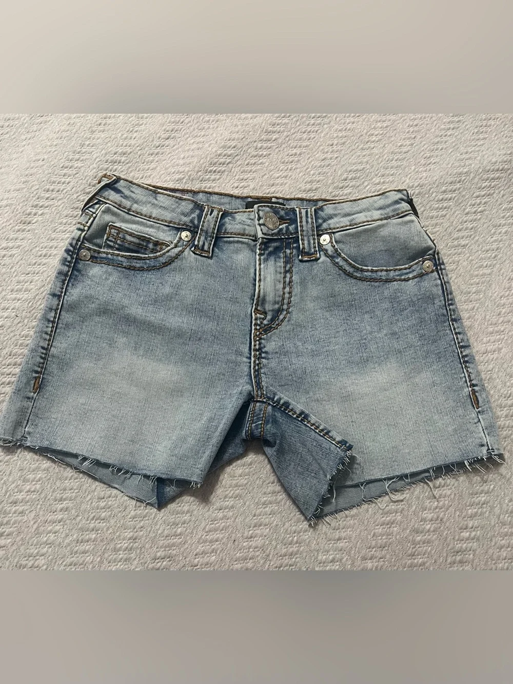 True Religion Light Blue Women's Denim Shorts with Signature Back Pockets